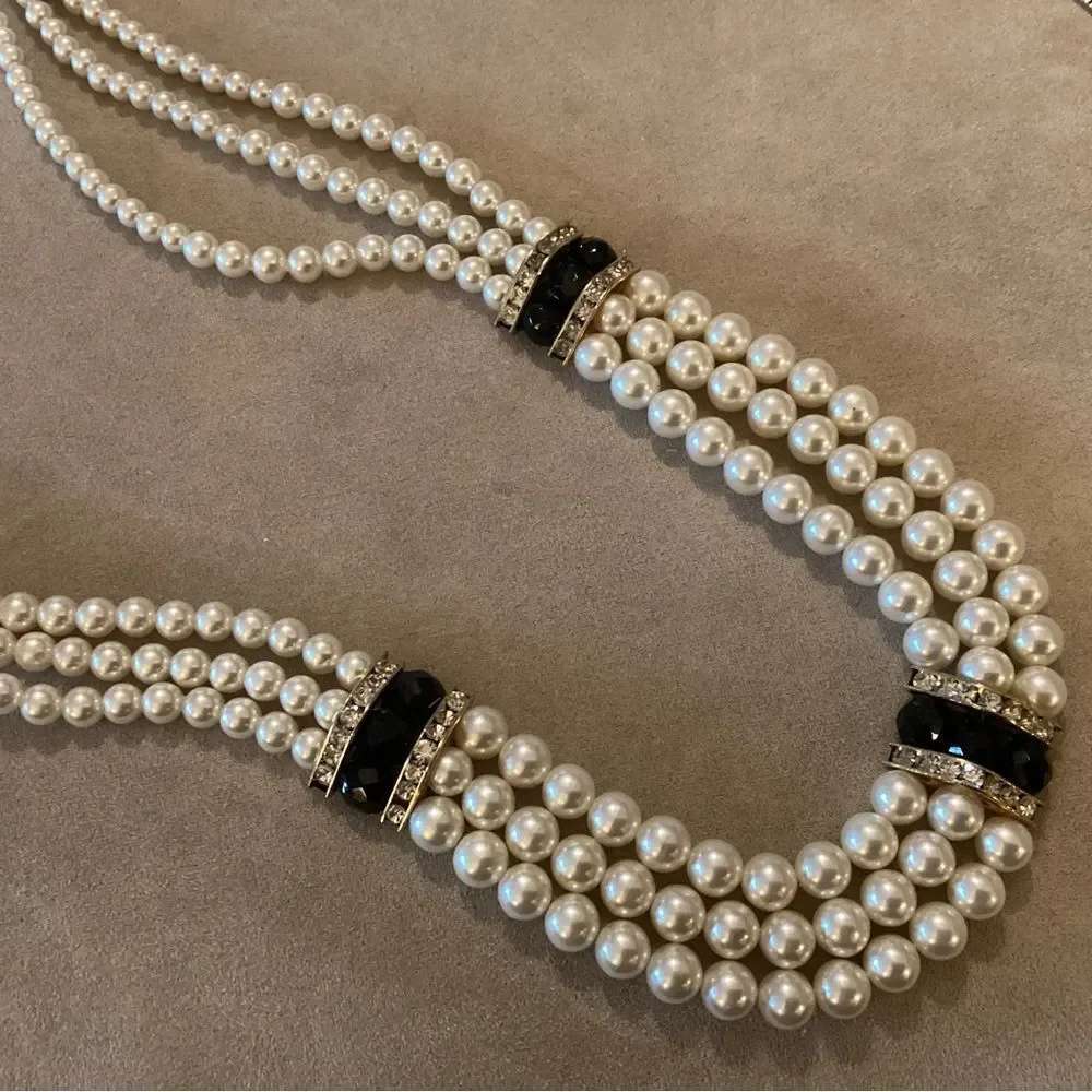 Elegant Trip Strand Faux Pearl Necklace with Black Accents